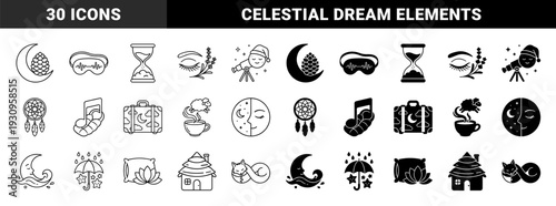 Minimalist Sleep and Wellness Icons Featuring Hybrid Designs of Moon Pinecone Dreamcatcher and Celestial Elements in Line and Solid Styles