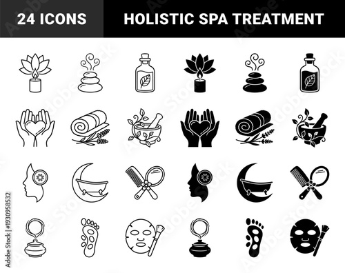 Wellness and holistic therapy hybrid symbol collection featuring dual outline and solid versions of spa treatment elements and organic self care rituals
