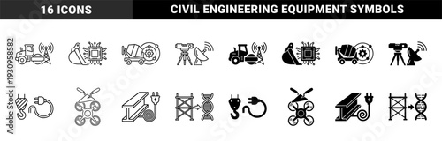 Construction Engineering Hybrid Icons Merging Heavy Machinery With Digital Technology Connectivity Data Science And Sustainable Power Infrastructure Elements