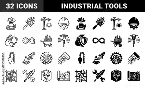 Construction and Engineering Hybrid Symbols Merging Industrial Tools with Scientific Biological and Digital Elements in Outline and Solid Styles