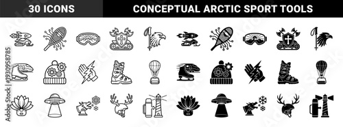 Hybrid winter sports and technology equipment icons featuring snowmobile rockets and cyber snowshoe gear in outline and solid black style