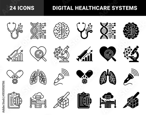 Biotechnology and digital healthcare hybrid icons featuring medical equipment integrated with neural networks dna sequences and cloud computing data