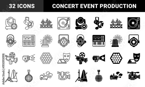 Stage lighting and professional event production equipment featuring hybrid designs of spotlights microphones and audio mixing consoles in outline and solid styles