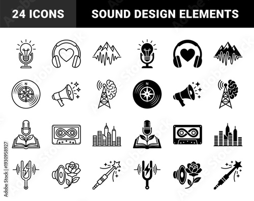 Hybrid audio and sound design icons featuring conceptual mergers of microphones, musical notes, and nature elements in linear and solid styles