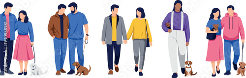 Collection of diverse couples and individuals walking with their pet dogs illustration