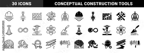Construction and engineering hybrid icons merging industrial tools with abstract concepts like organic growth data analytics and cognitive building