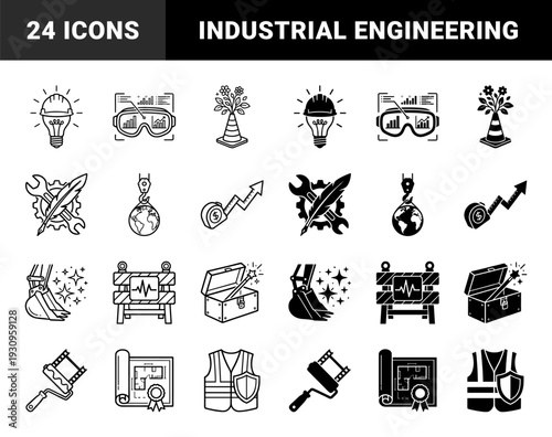 Construction and engineering hybrid icons featuring conceptual metaphors like hard hat lightbulb ideas and crane lifting globe for industrial growth