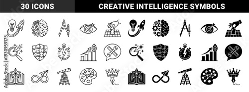Black and white hybrid concept icons merging strategy and creativity with symbols of growth innovation intelligence and technical precision