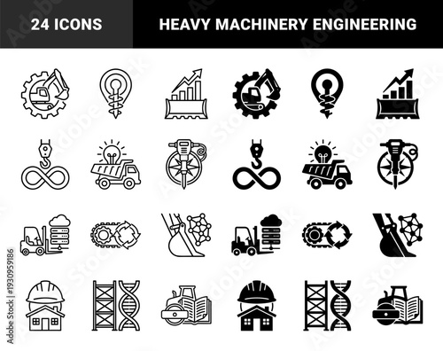 Heavy machinery and construction equipment hybrid icons merging industrial tools with data science and infrastructure symbols in outline and solid styles