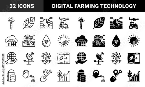Smart agriculture and digital farming icons featuring hybrid metaphors of nature and technology like circuit leaves and drone tractors in outline and solid styles