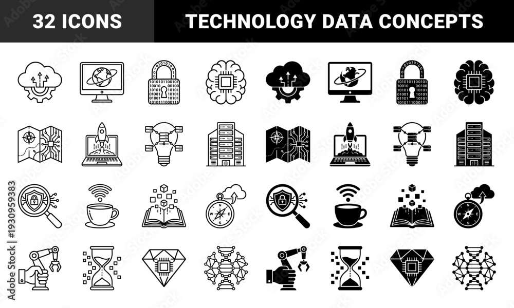 Fototapeta premium Abstract hybrid data metaphors combining cloud computing with mechanical gears and circuit board mapping in both line and solid fill styles