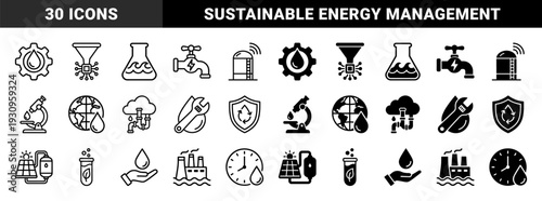 Hybrid industrial water management and sustainable energy icons featuring integrated fluid dynamics with smart technology and ecological conservation symbols