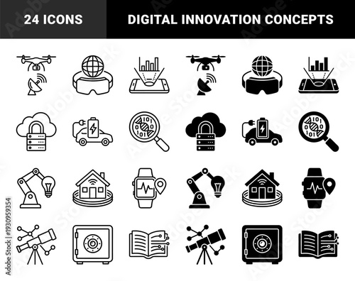 Hybrid technology and digital connectivity icons featuring combined concepts like smart home security biometric payment and sustainable energy solutions