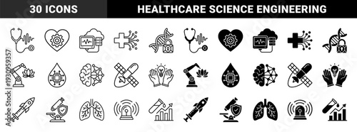 Biomedical engineering and health technology hybrid icons merging medical symbols with digital circuits dna strands and laboratory equipment