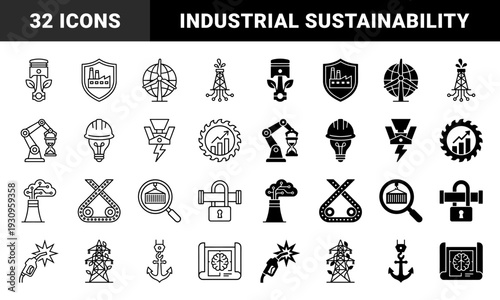 Industrial sustainability and smart manufacturing hybrid icons featuring renewable energy infrastructure and automated factory production systems