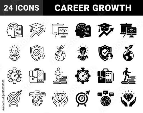 Hybrid professional growth and business strategy concepts merging education symbols with achievement metaphors in a dual outline and solid minimalist style