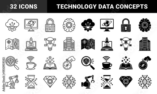 Abstract hybrid data metaphors combining cloud computing with mechanical gears and circuit board mapping in both line and solid fill styles