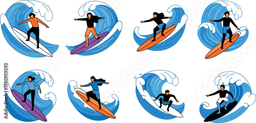 Collection of diverse surfers riding large blue ocean waves flat illustration set