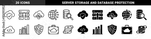 Cloud computing and data security icons featuring hybrid metaphors for server management network protection and database analytics in outline and solid styles