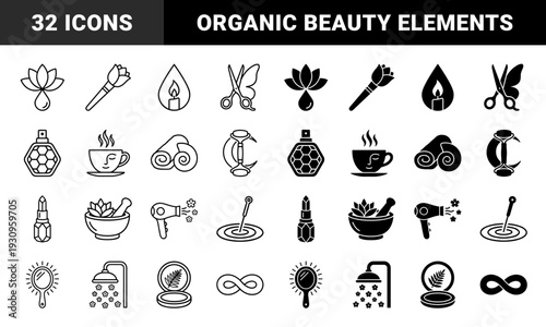 Minimalist beauty and wellness hybrid symbols featuring butterfly scissors lotus mortar and pestle floral shower and organic cosmetics elements