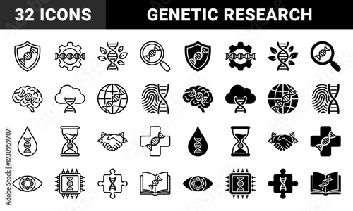 Biotechnology and genetic engineering icons featuring DNA double helix combined with brain, shield, globe, and gear in outline and solid styles