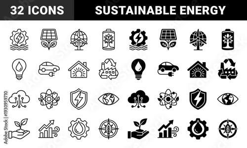 Sustainable energy hybrid icons featuring renewable resources merged with industrial gear solar panel leaf wind turbine and electric vehicle symbols