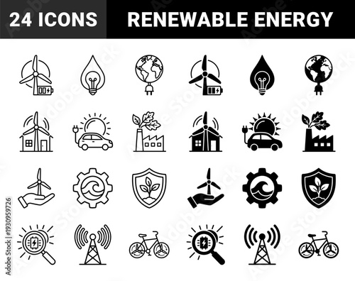 Sustainable energy hybrid icons featuring wind turbine battery storage solar electric car charging and ecological manufacturing symbols in outline and solid style