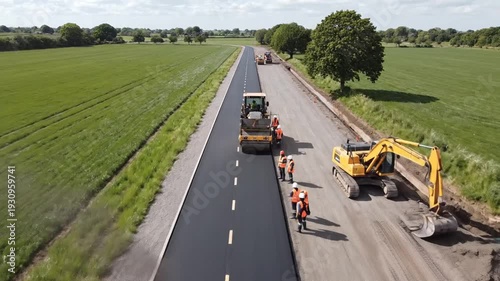 Wallpaper Mural Road construction with workers and heavy machinery in rural landscape Torontodigital.ca