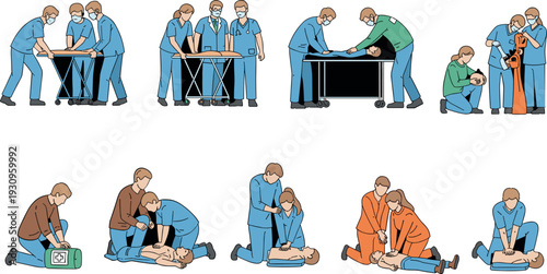 Collection of medical professionals and people performing first aid CPR and emergency rescue illustration