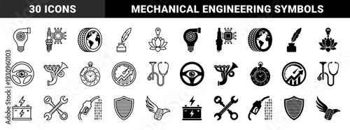 Hybrid automotive engineering concepts combining mechanical parts with metaphorical symbols like light bulbs spark plugs and electronic circuits in outline and solid styles