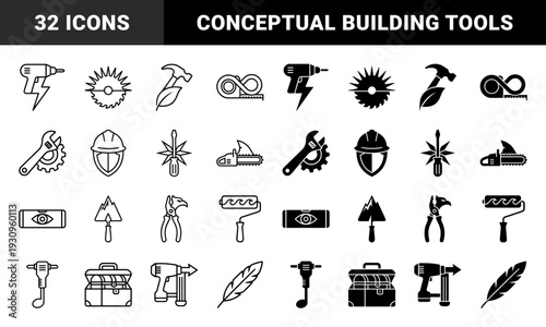 Construction tool hybrid symbols featuring heavy machinery merged with abstract natural and geometric elements in both outline and solid versions