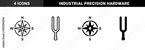 Hybrid engineering and navigation symbols combining compass rose with tuning fork and industrial circular saw blade elements for precision measurement and mechanical design
