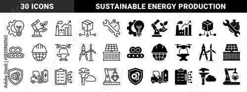 Industrial Manufacturing and Sustainable Energy Icons Featuring Hybrid Concepts Like Robotic Agriculture Drone Forging and Solar Power Storage