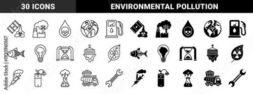 Ecological crisis and environmental pollution hybrid symbols featuring toxic waste barrels factory smoke skeletal fish and contaminated nature in dual line and solid styles