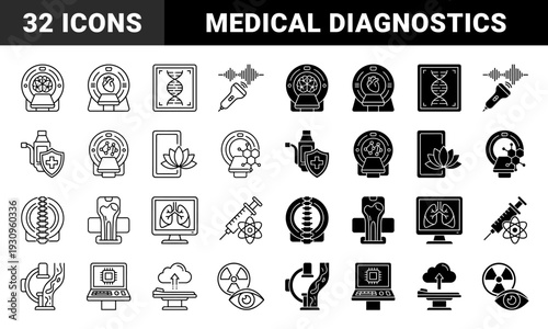 Medical diagnostic imaging hybrid icons featuring magnetic resonance imaging combined with human anatomy genetic research and radiology scanning technology