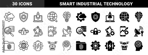 Hybrid industrial technology and digital automation symbols featuring integrated gear cloud shield rocket brain globe and robotic arm elements