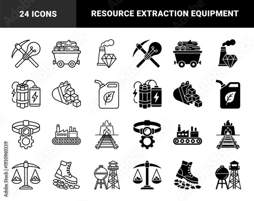 Mining and Industrial Extraction Symbols Combining Tools with Energy Concepts in Dual Outline and Solid Graphic Style for Resource Management