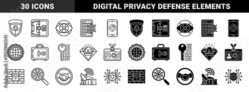 Cyber security and physical protection icons featuring hybrid designs merging surveillance cameras with shields and biometric identity verification data