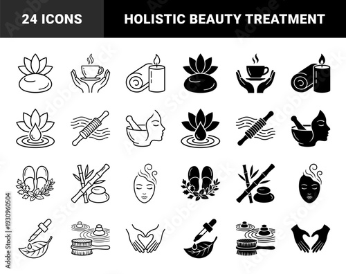 Wellness and holistic therapy symbols merging organic elements with spa equipment featuring dual line and solid black styles for beauty and health branding
