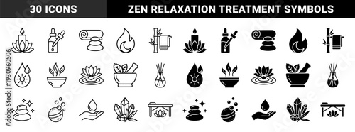 Wellness and Holistic Spa Therapy Symbols Featuring Hybrid Lotus Candle Bamboo Towel and Zen Stone Zen Concepts in Outline and Solid Dual Style