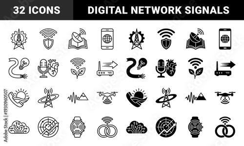 Hybrid communication icons merging technology with nature and health featuring radio towers with gears fiber optic lightbulbs and signal drones