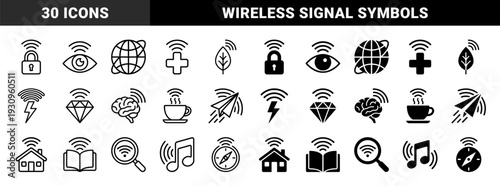 Minimalist hybrid symbols merging everyday objects with signal waves featuring outline and solid styles for smart technology and connectivity concepts