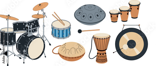 Collection of percussion musical instruments including drum kit djembe bongo and gong