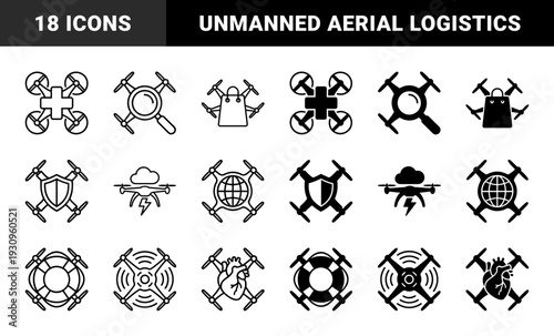 Collection of hybrid drone symbols merging unmanned aerial vehicles with medical cross magnifying glass shopping bag shield globe heart and solar panel