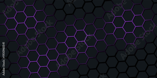 Dark purple hexagon abstract technology background with red and blue colored bright flashes under hexagon. Hexagonal gaming vector abstract tech background.
