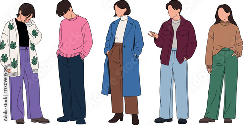 Collection of stylish young people in trendy casual outfits and winter fashion flat illustration