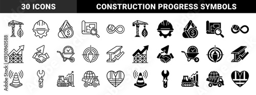 Construction and Civil Engineering Hybrid Icons Featuring Heavy Machinery Merged With Growth Charts Time Management And Sustainable Energy Symbols
