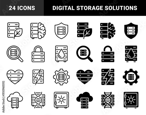 Data storage hybrid concept with server rack symbols merged with leaf brain shield magnifying glass lock drop heart bolt gear cloud dna and safe