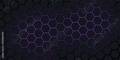 Dark purple hexagon abstract technology background with red and blue colored bright flashes under hexagon. Hexagonal gaming vector abstract tech background.