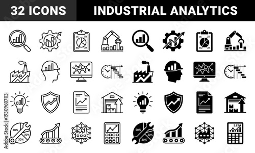 Industrial Data Analytics and Manufacturing Optimization Icons Featuring Hybrid Designs of Factory Machinery with Statistical Financial Growth Charts